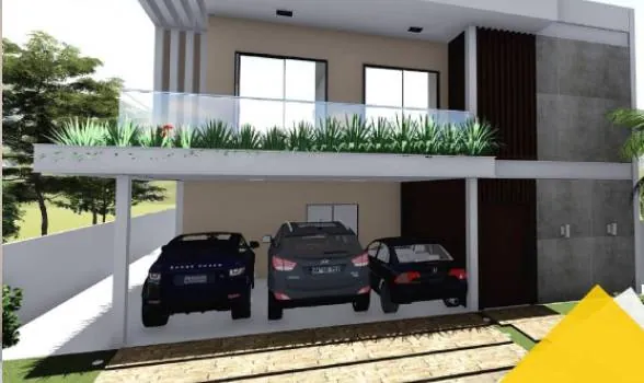 Projeto 3D de sobrado com garagem para três carros
